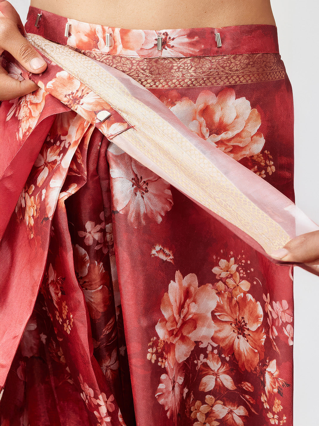 Janasya Women's Maroon Silk Blend Ready To Wear Floral Printed Saree With Unstitched Blouse