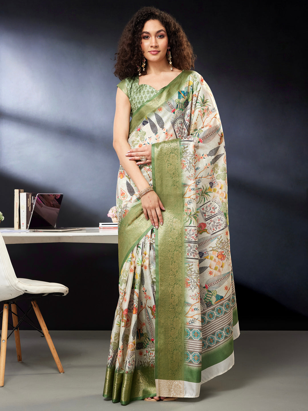 Janasya Women's Light Green Silk Blend Ready To Wear Ethnic Printed Saree With Unstitched Blouse