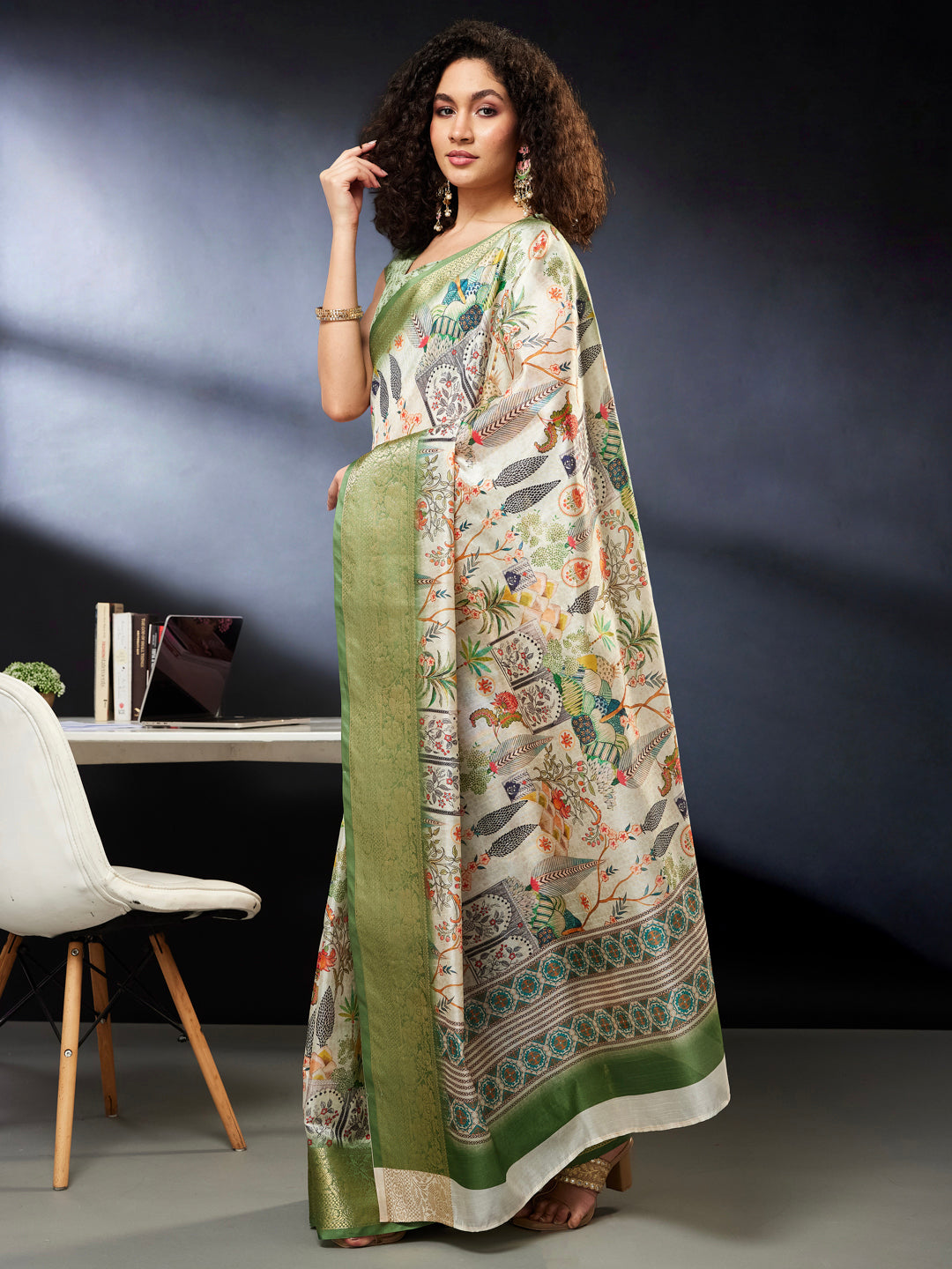 Janasya Women's Light Green Silk Blend Ready To Wear Ethnic Printed Saree With Unstitched Blouse