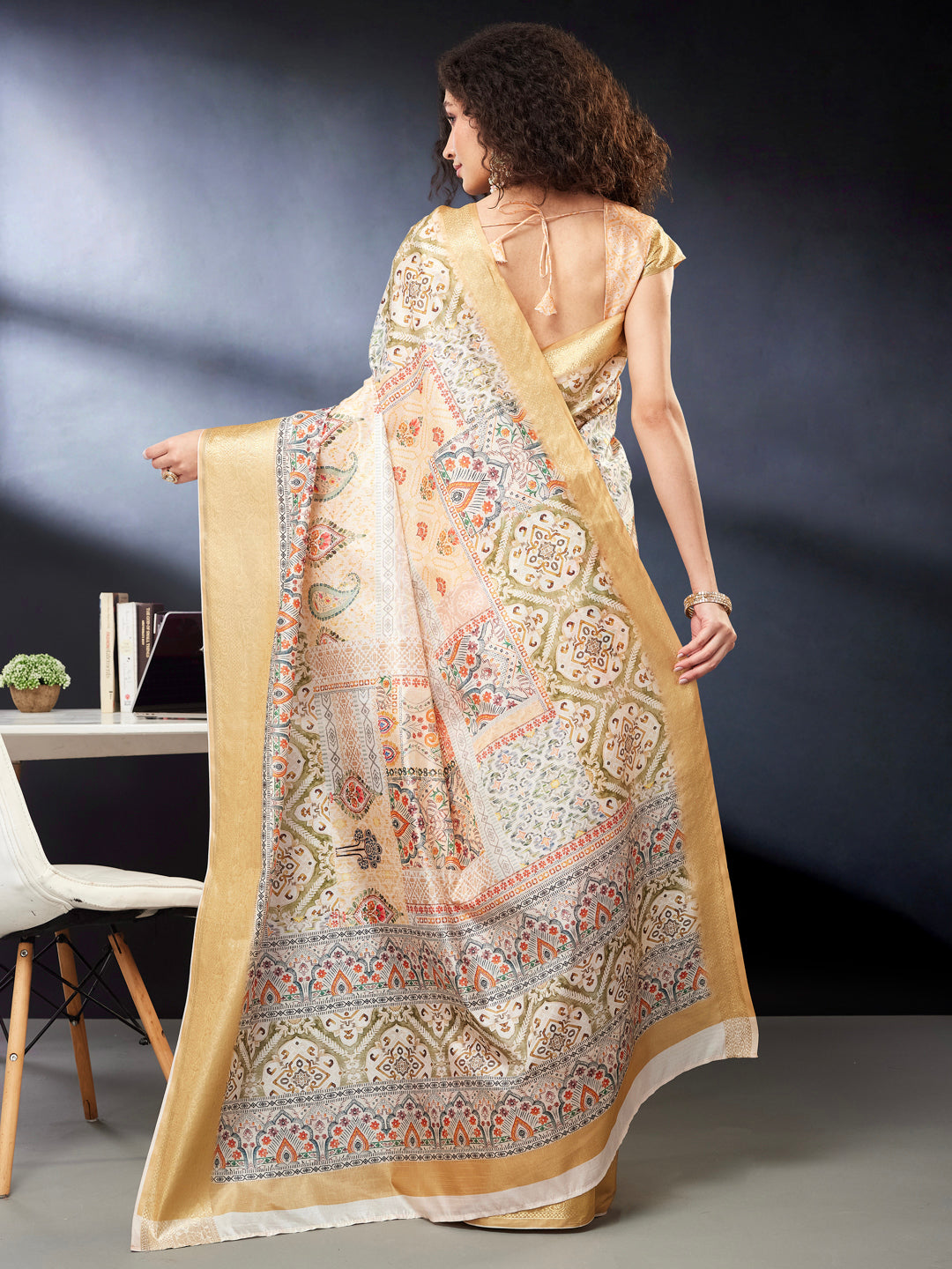 Janasya Women's Multicolor Silk Blend Ready To Wear Floral Printed Saree With Unstitched Blouse