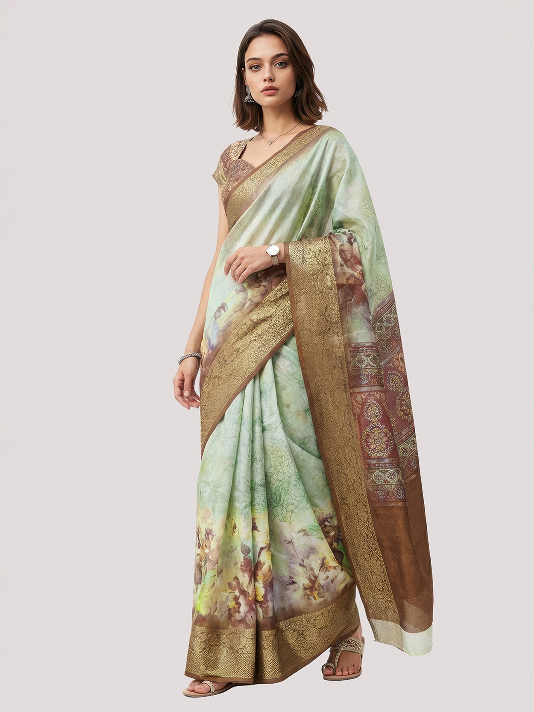 Janasya Women's Sage Green Silk Blend Ready To Wear Floral Printed Saree With Unstitched Blouse
