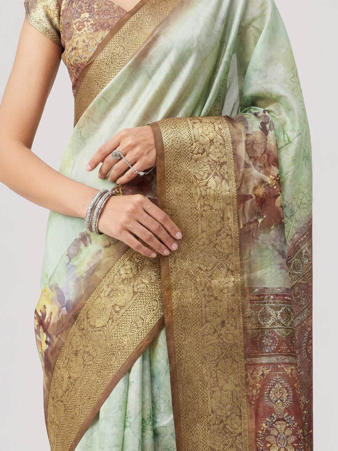Janasya Women's Sage Green Silk Blend Ready To Wear Floral Printed Saree With Unstitched Blouse