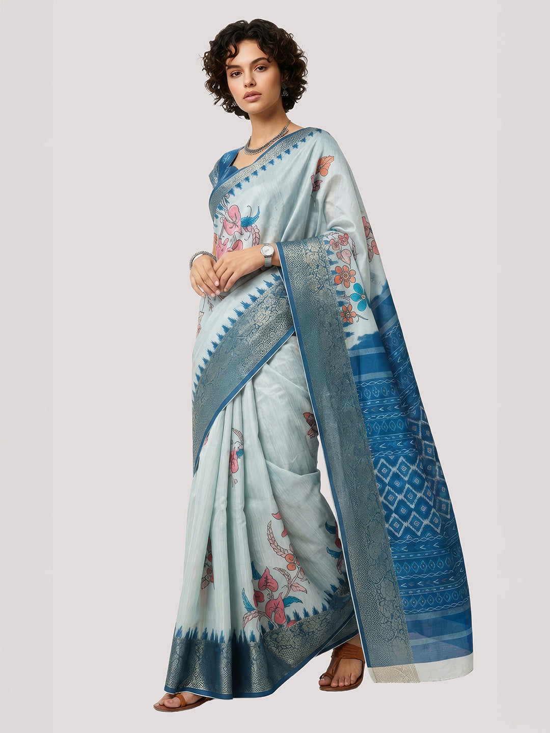 Janasya Women's Blue Silk Blend Ready To Wear Floral Printed Saree With Unstitched Blouse