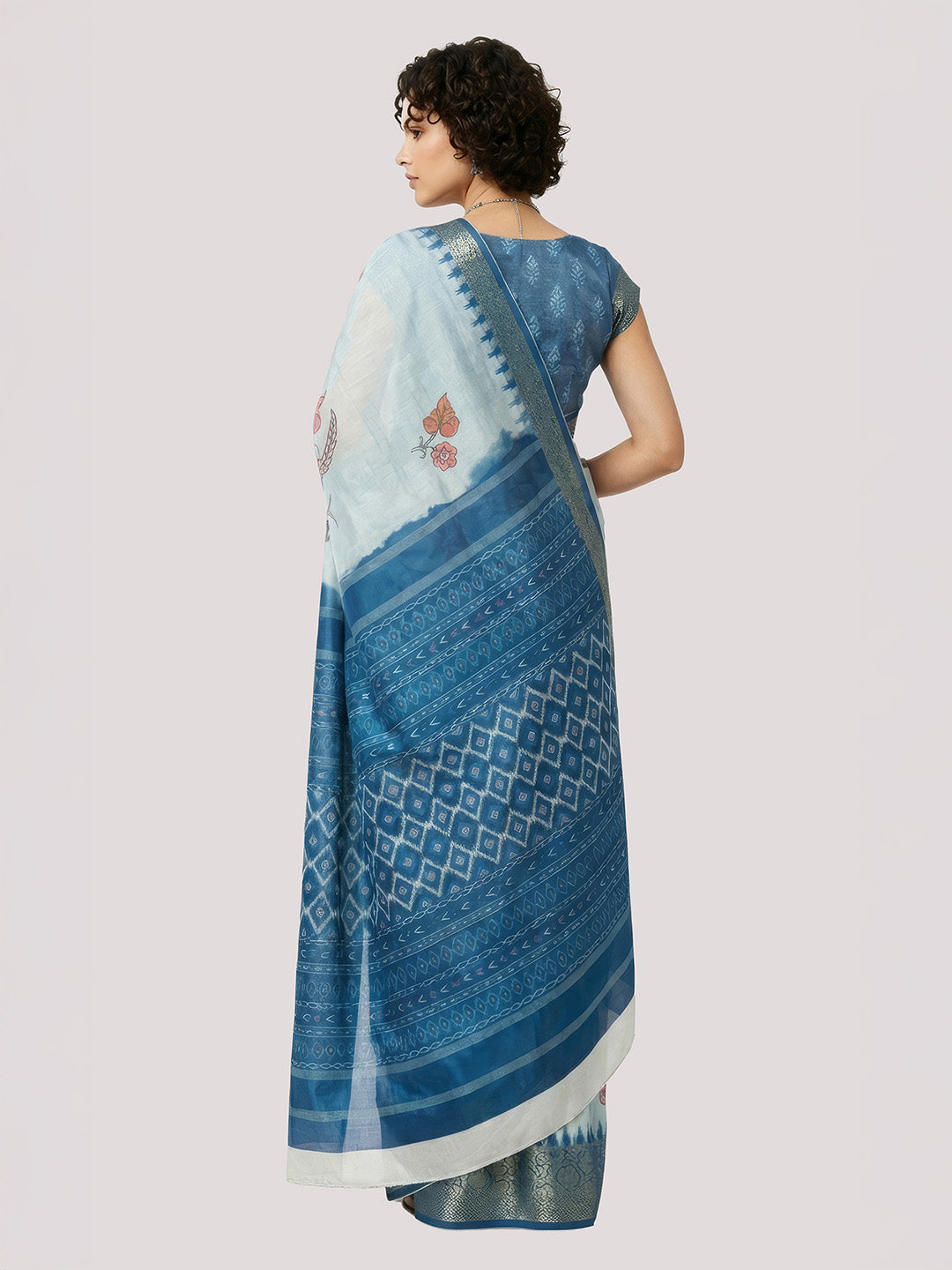 Janasya Women's Blue Silk Blend Ready To Wear Floral Printed Saree With Unstitched Blouse