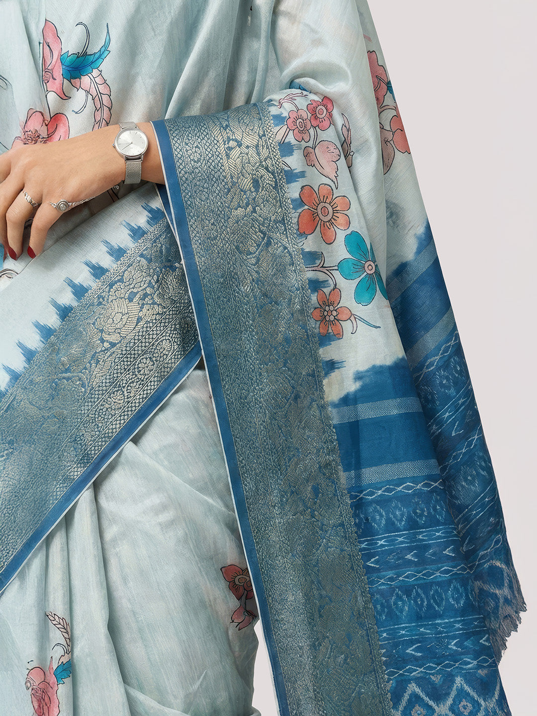 Janasya Women's Blue Silk Blend Ready To Wear Floral Printed Saree With Unstitched Blouse