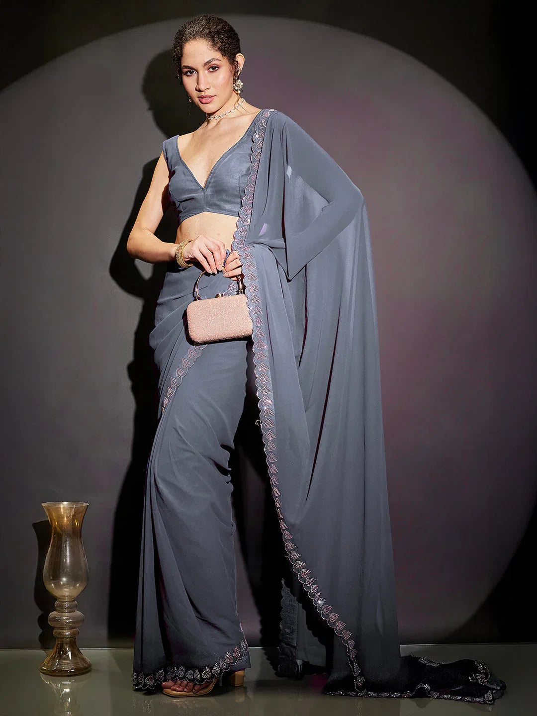 Janasya Women's Grey Georgette One-Minute Ready-to-Wear Embellished Saree with Unstitched Blouse