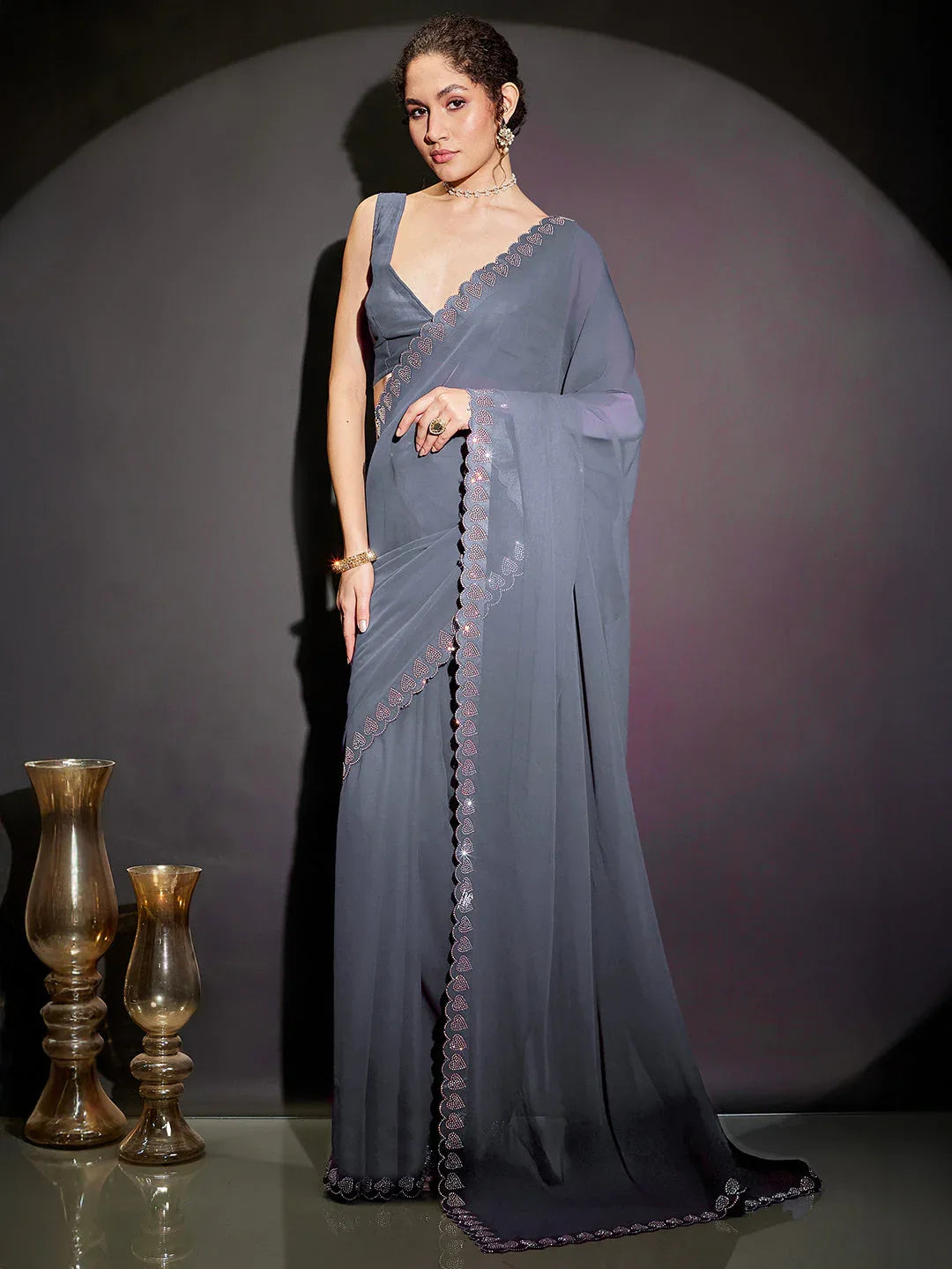 Janasya Women's Grey Georgette One-Minute Ready-to-Wear Embellished Saree with Unstitched Blouse