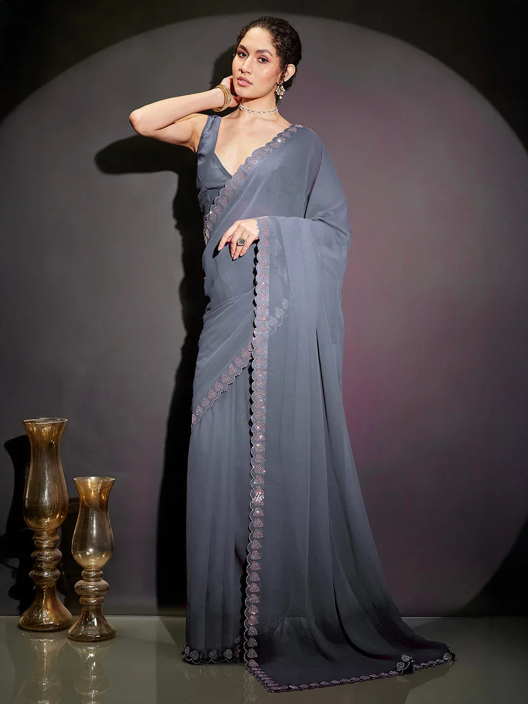 Janasya Women's Grey Georgette One-Minute Ready-to-Wear Embellished Saree with Unstitched Blouse