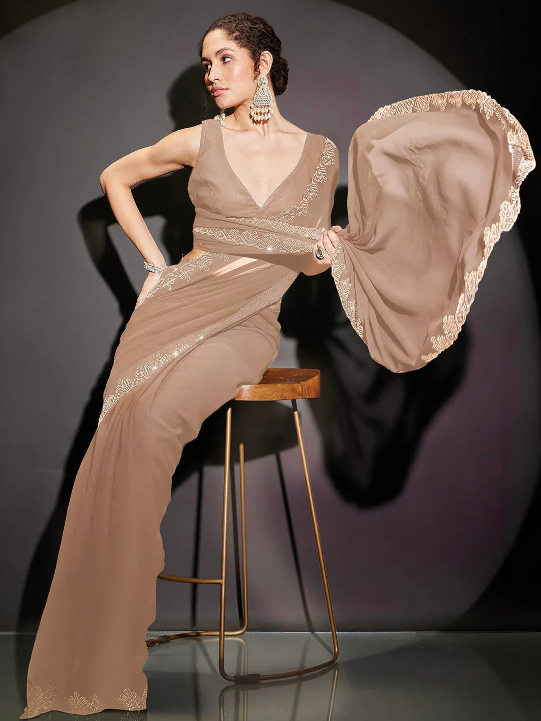 Janasya Women's Beige Georgette One-Minute Ready-to-Wear Embellished Saree with Unstitched Blouse