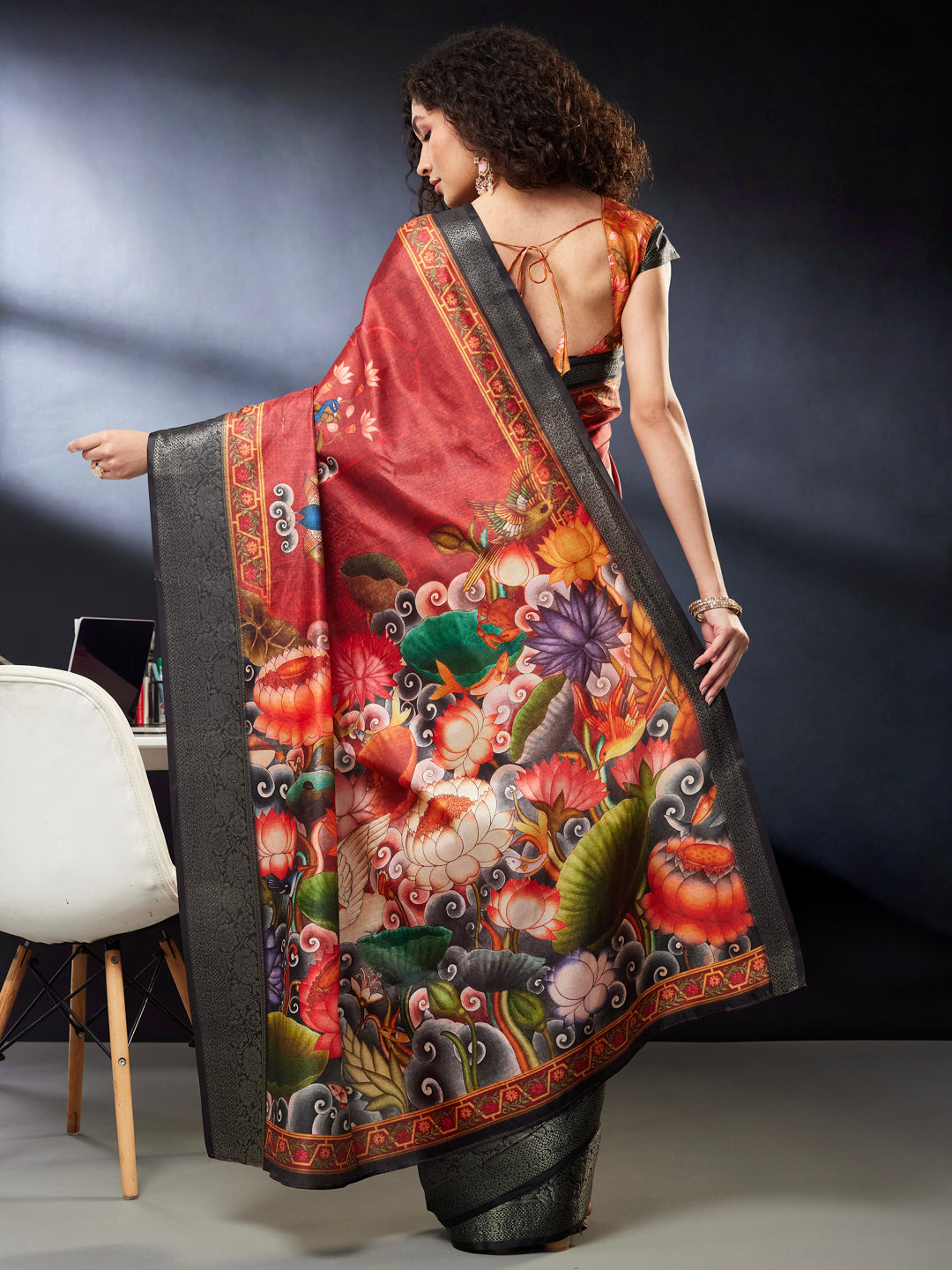 Janasya Women's Maroon Silk Blend Ready To Wear Pichwai Printed Saree With Unstitched Blouse