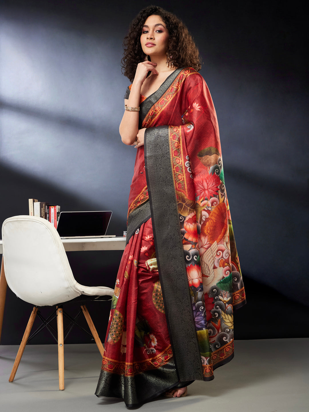 Janasya Women's Maroon Silk Blend Ready To Wear Pichwai Printed Saree With Unstitched Blouse