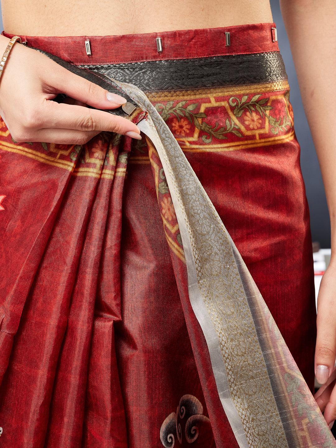 Janasya Women's Maroon Silk Blend Ready To Wear Pichwai Printed Saree With Unstitched Blouse