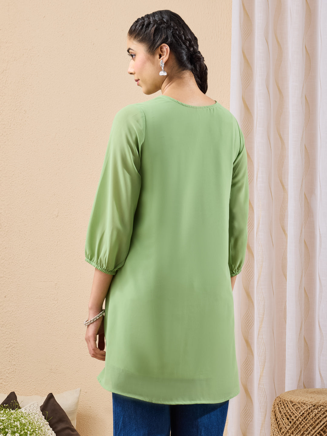 Janasya Women's Mint Green Georgette Floral Printed A-Line Tunic