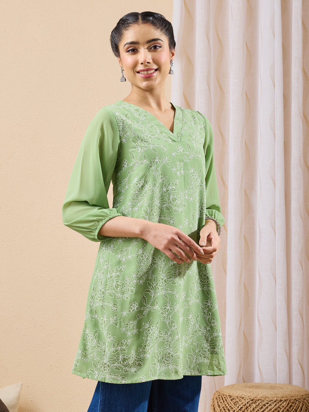 Janasya Women's Mint Green Georgette Floral Printed A-Line Tunic