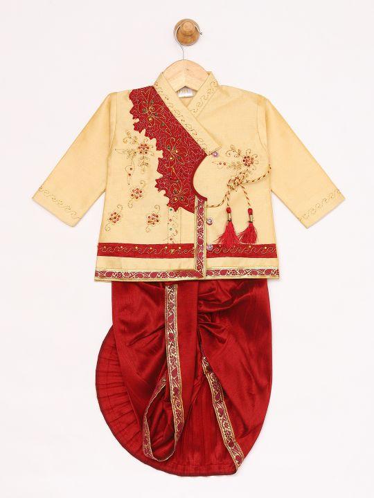 Vastramay Boy's Gold And Maroon Angrakha Kurta and Dhoti Set