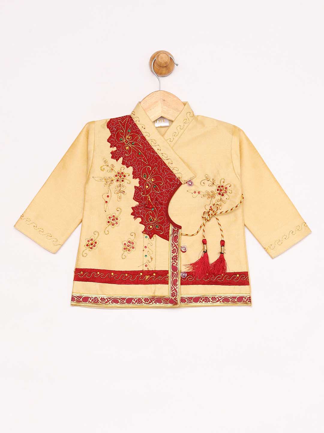 Vastramay Boy's Gold And Maroon Angrakha Kurta and Dhoti Set