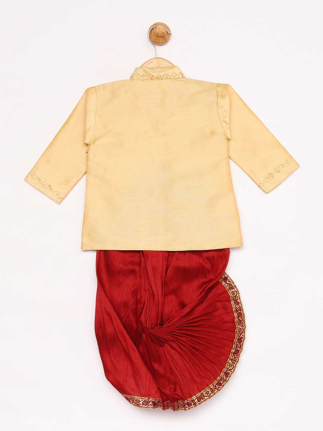 Vastramay Boy's Gold And Maroon Angrakha Kurta and Dhoti Set