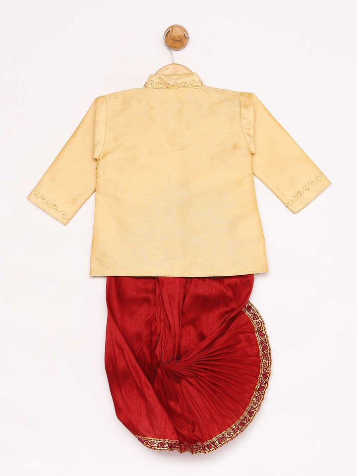 Vastramay Boy's Gold And Maroon Angrakha Kurta and Dhoti Set