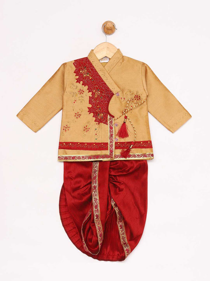 Vastramay Boy's Rose Gold Angrakha Kurta and Dhoti Set