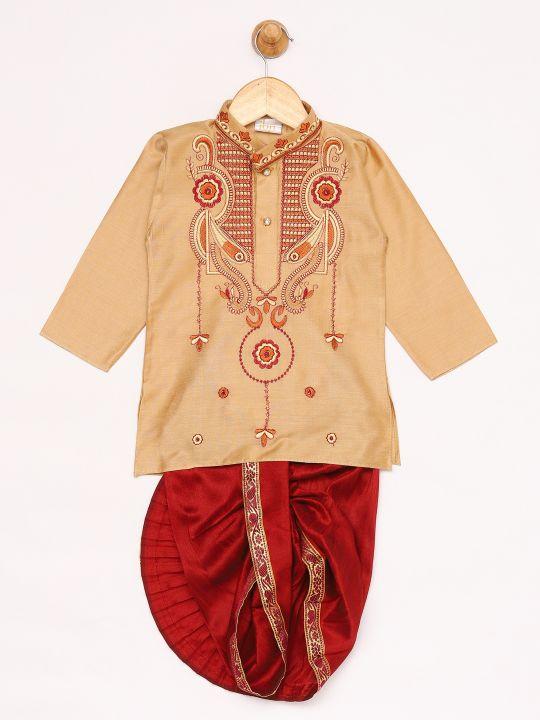 Vastramay Boy's Rose Gold Silk Blend Kurta and Dhoti Set