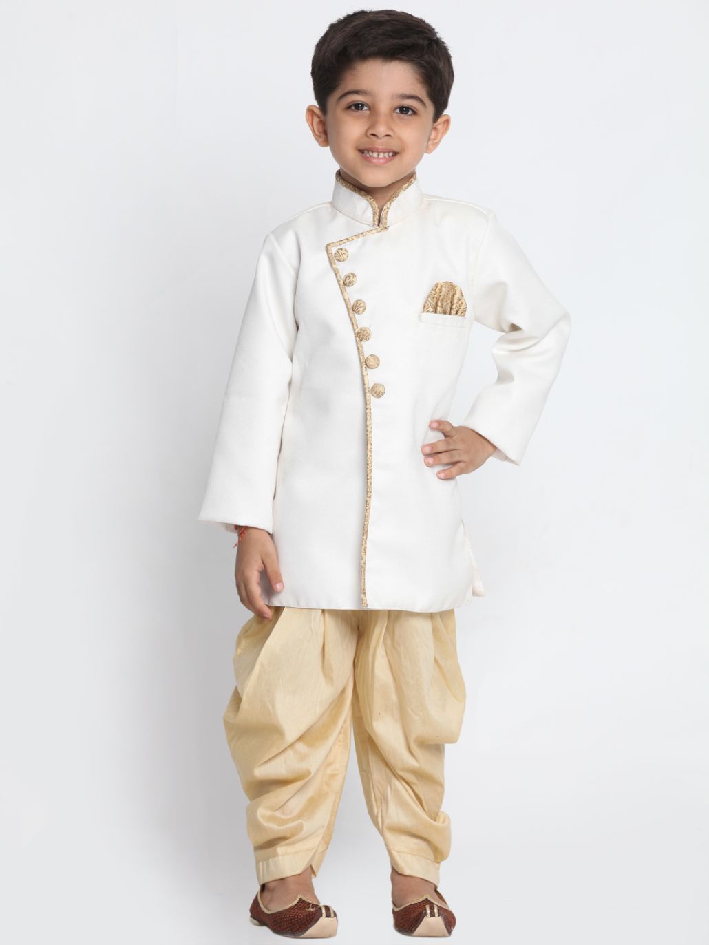 Vastramay Boy's White Jute Silk Blend Sherwani Set