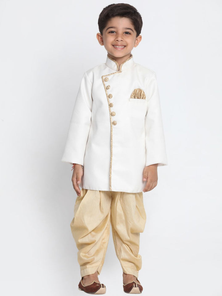 Vastramay Boy's White Jute Silk Blend Sherwani Set