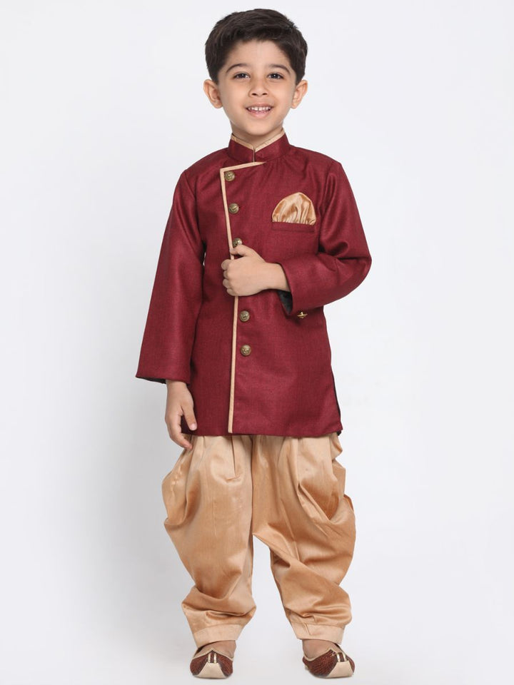 Vastramay Boys' Maroon Jute Silk Blend Sherwani Set