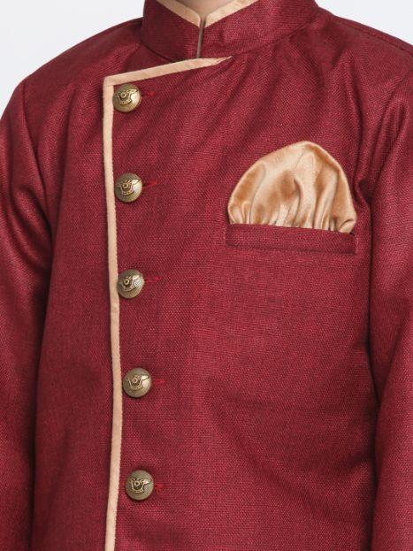 Vastramay Boys' Maroon Jute Silk Blend Sherwani Set