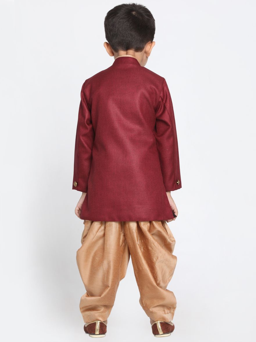 Vastramay Boys' Maroon Jute Silk Blend Sherwani Set