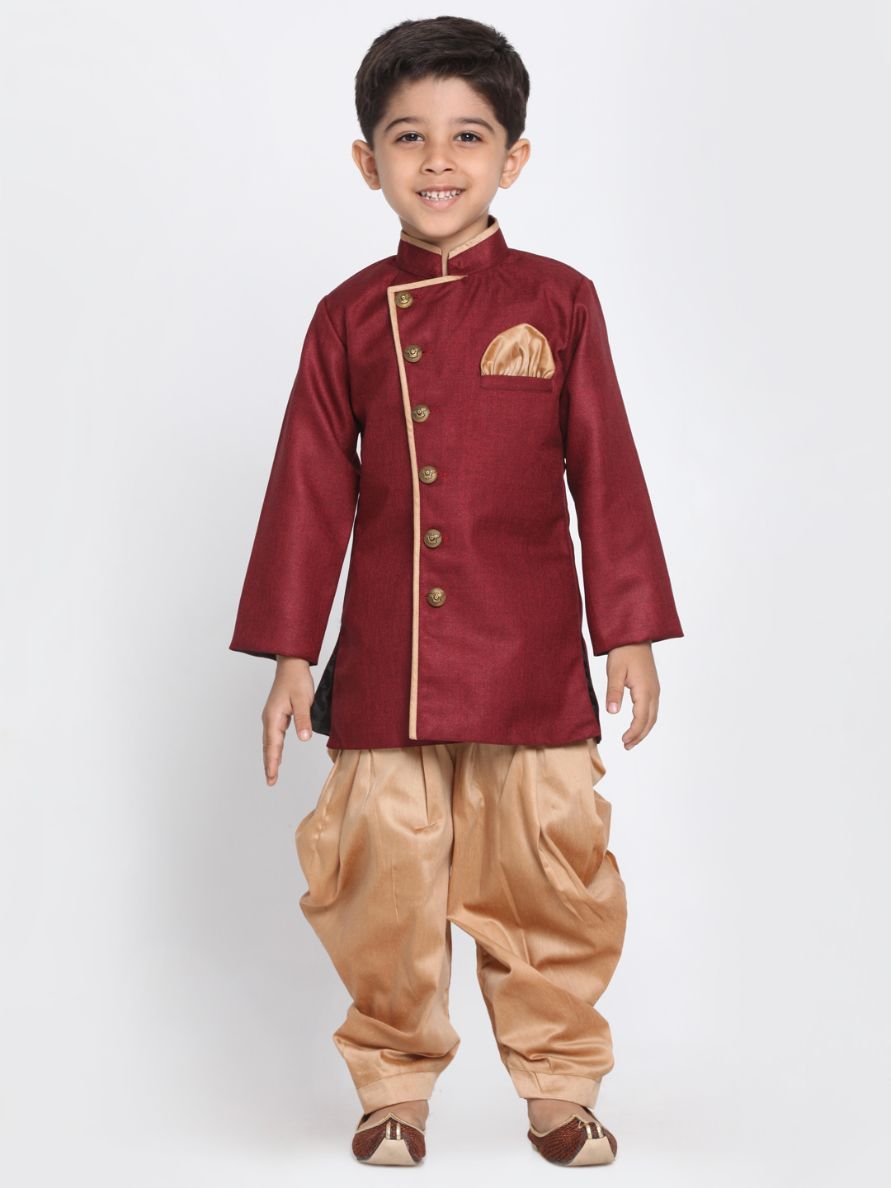 Vastramay Boys' Maroon Jute Silk Blend Sherwani Set