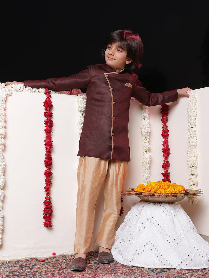 Vastramay Boys' Maroon Jute Silk Sherwani Set