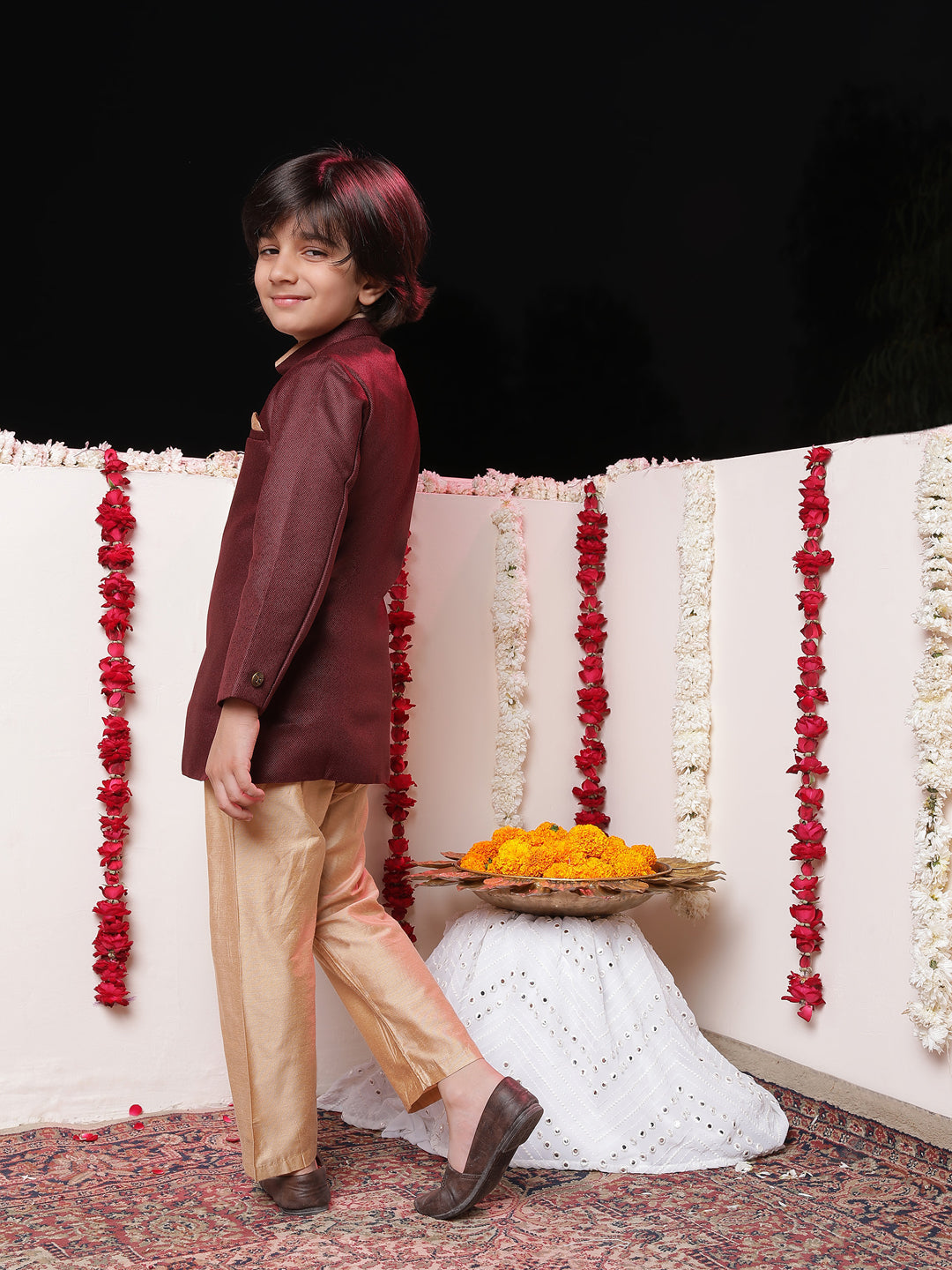 Vastramay Boys' Maroon Jute Silk Sherwani Set