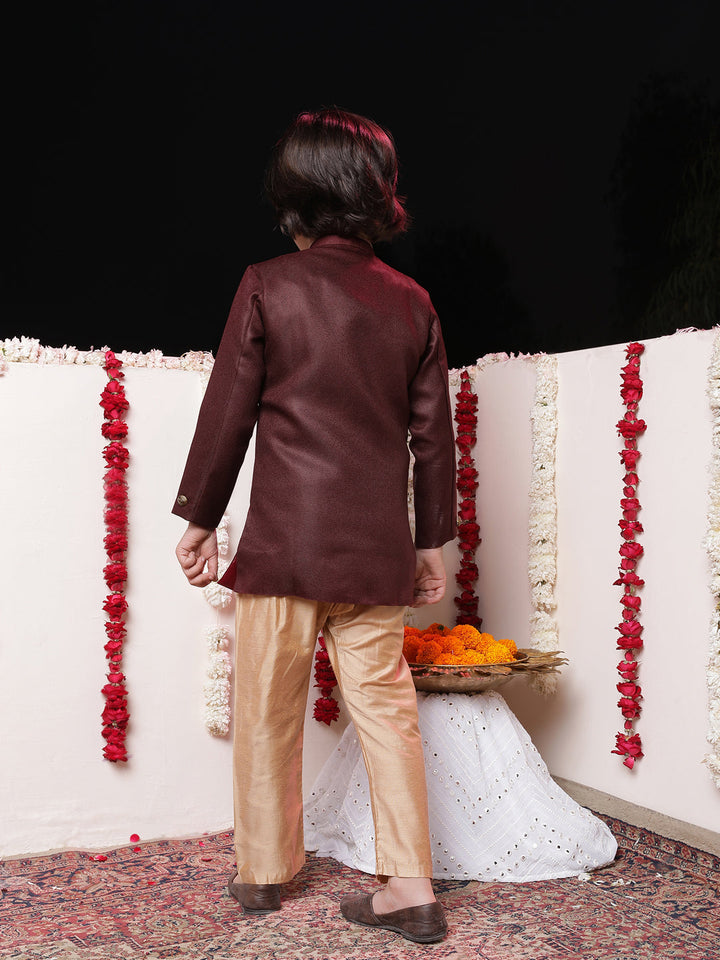 Vastramay Boys' Maroon Jute Silk Sherwani Set