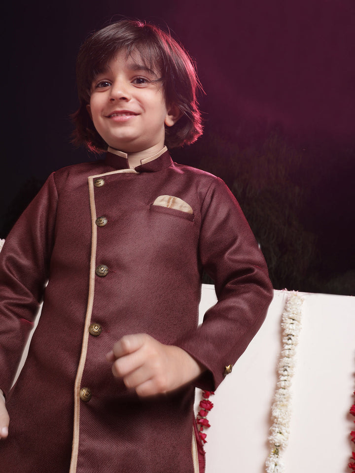 Vastramay Boys' Maroon Jute Silk Sherwani Set