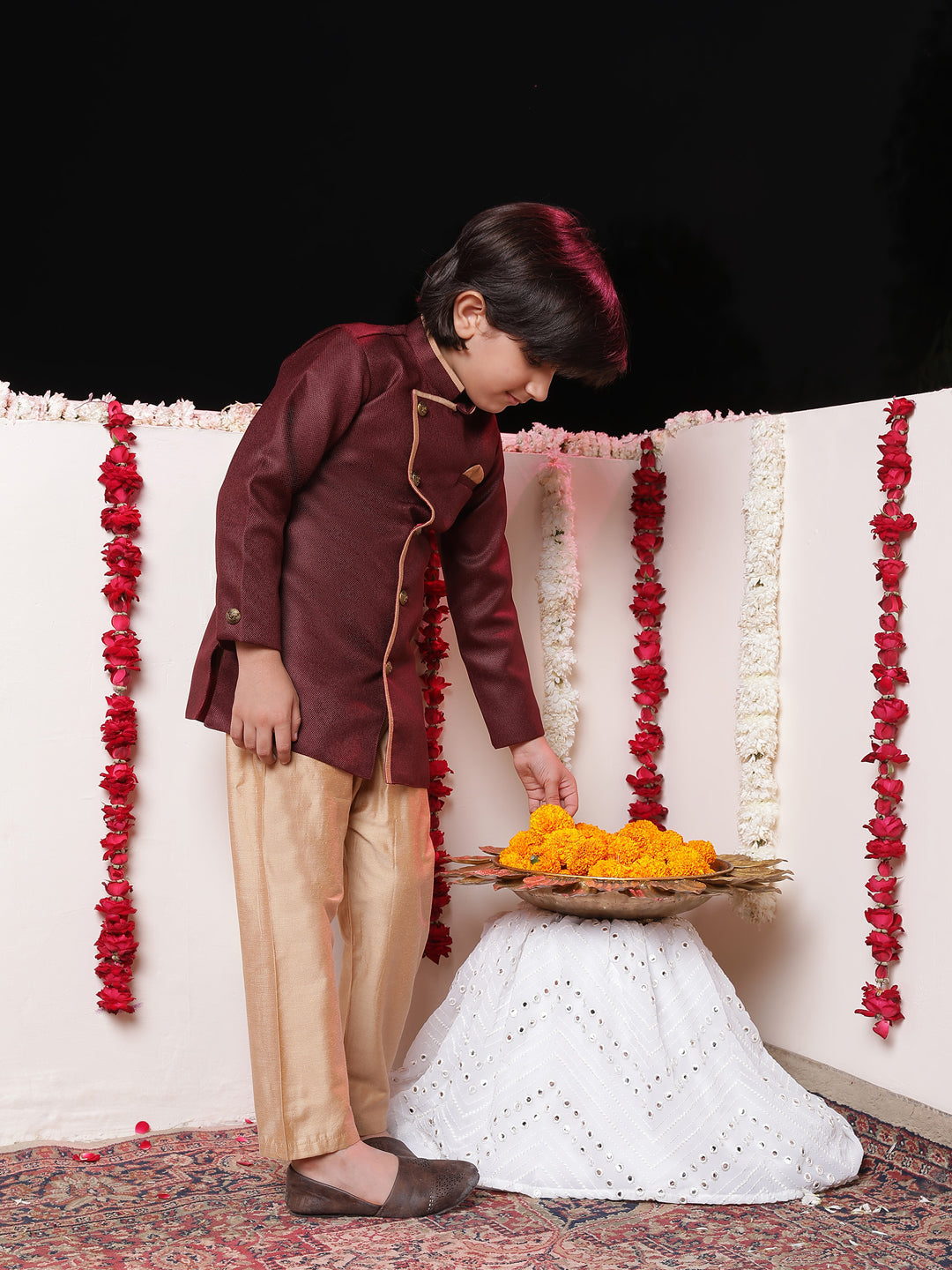 Vastramay Boys' Maroon Jute Silk Sherwani Set