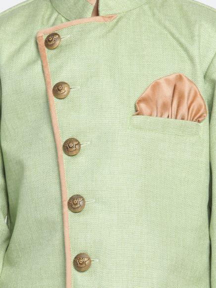 Vastramay Boy's Green Jute Silk Blend Sherwani Set