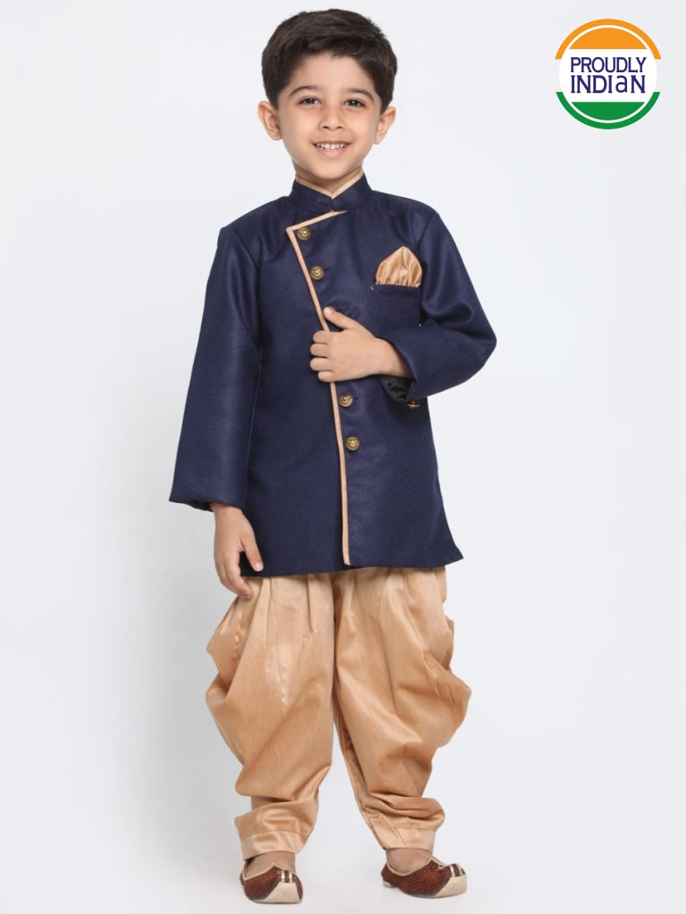 Vastramay Boy's Blue Jute Blend Sherwani Set