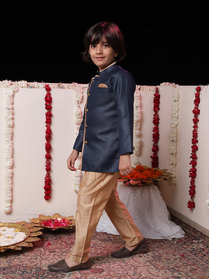 Vastramay Boys' Navy Blue Jute Silk Sherwani Set