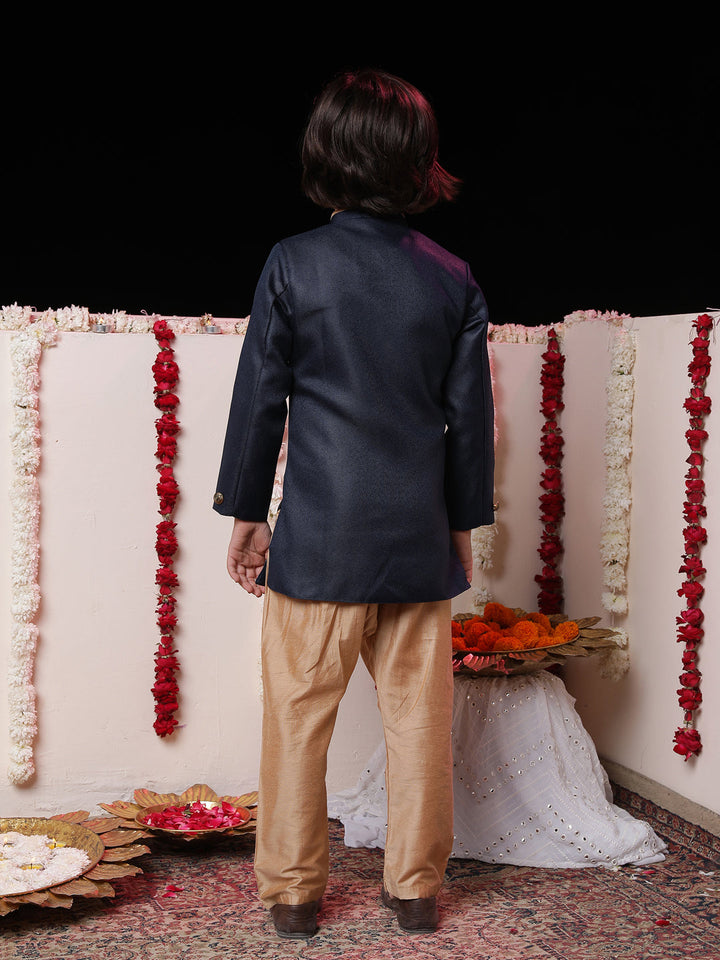 Vastramay Boys' Navy Blue Jute Silk Sherwani Set