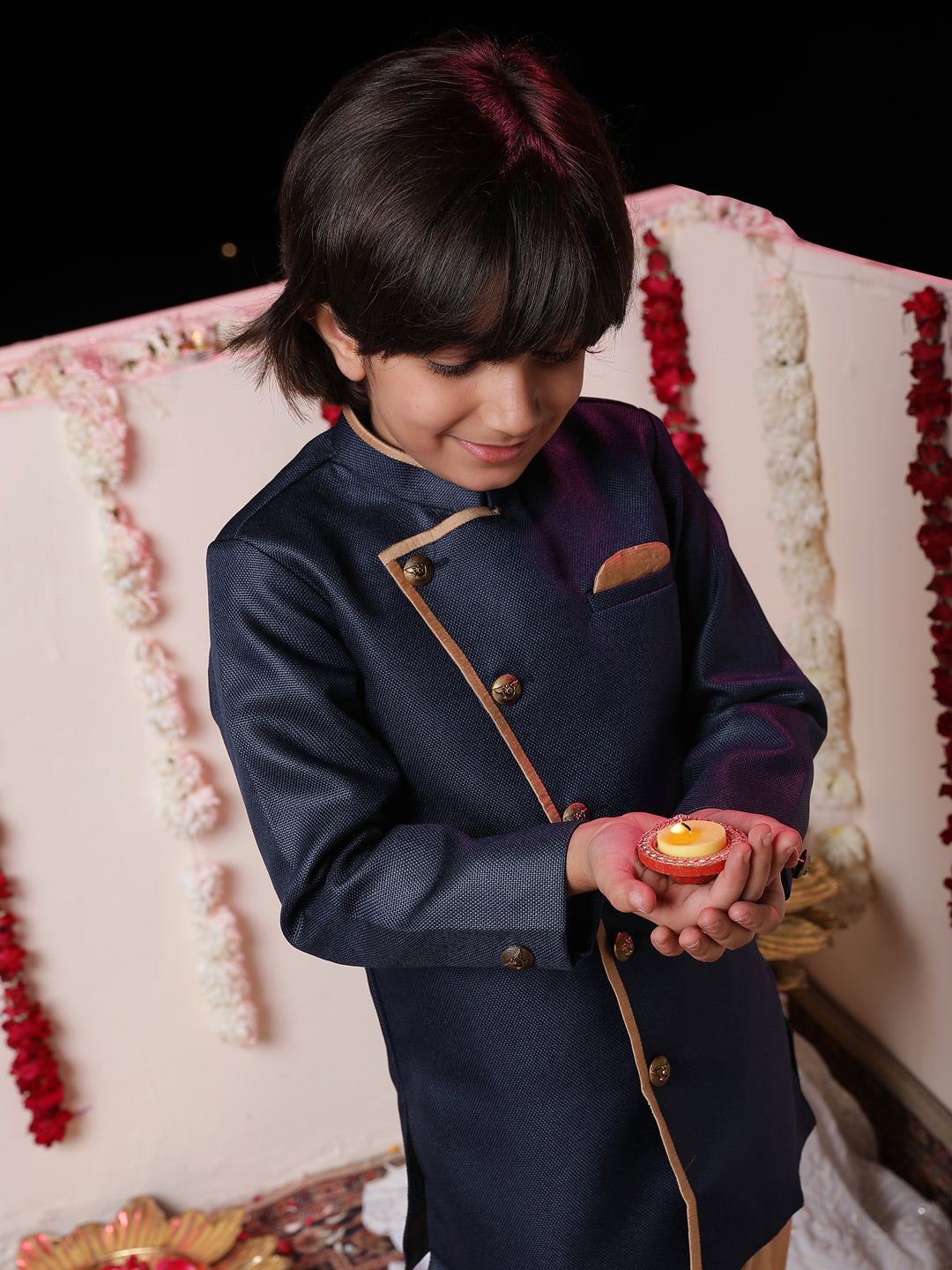 Vastramay Boys' Navy Blue Jute Silk Sherwani Set