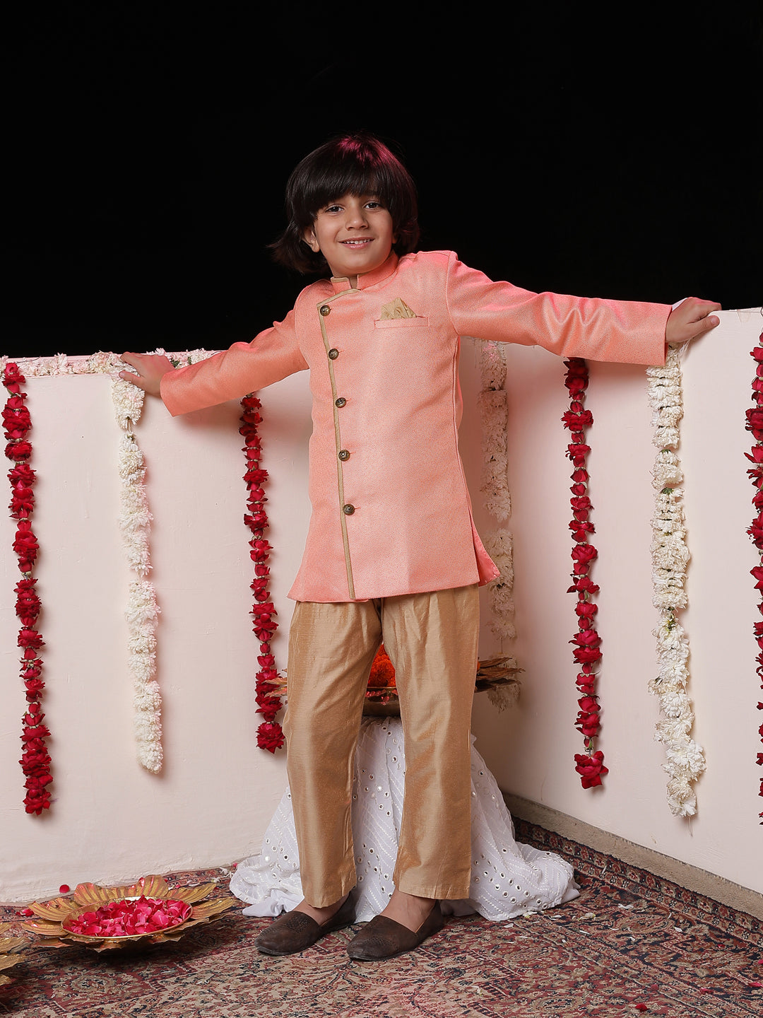 Vastramay Boys' Pink Jute Silk Sherwani Set