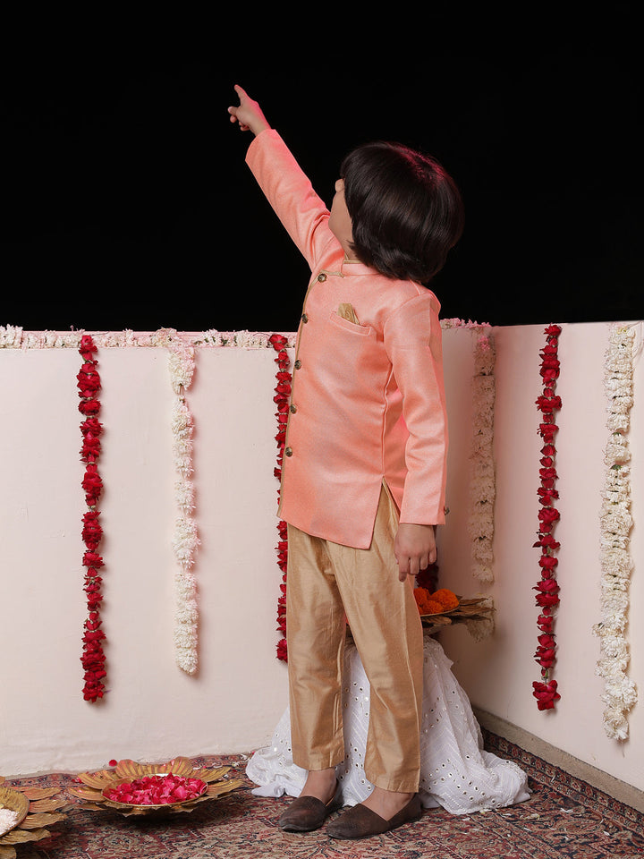 Vastramay Boys' Pink Jute Silk Sherwani Set