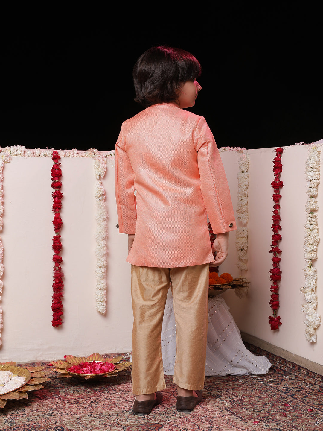 Vastramay Boys' Pink Jute Silk Sherwani Set