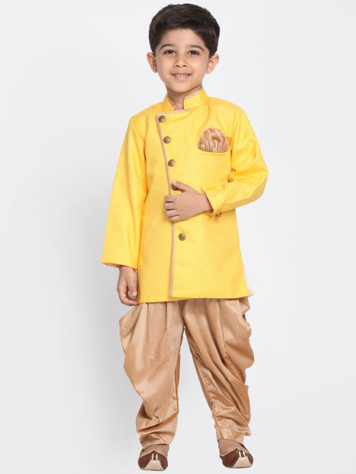 Vastramay Boy's Yellow Jute Silk Blend Sherwani Set