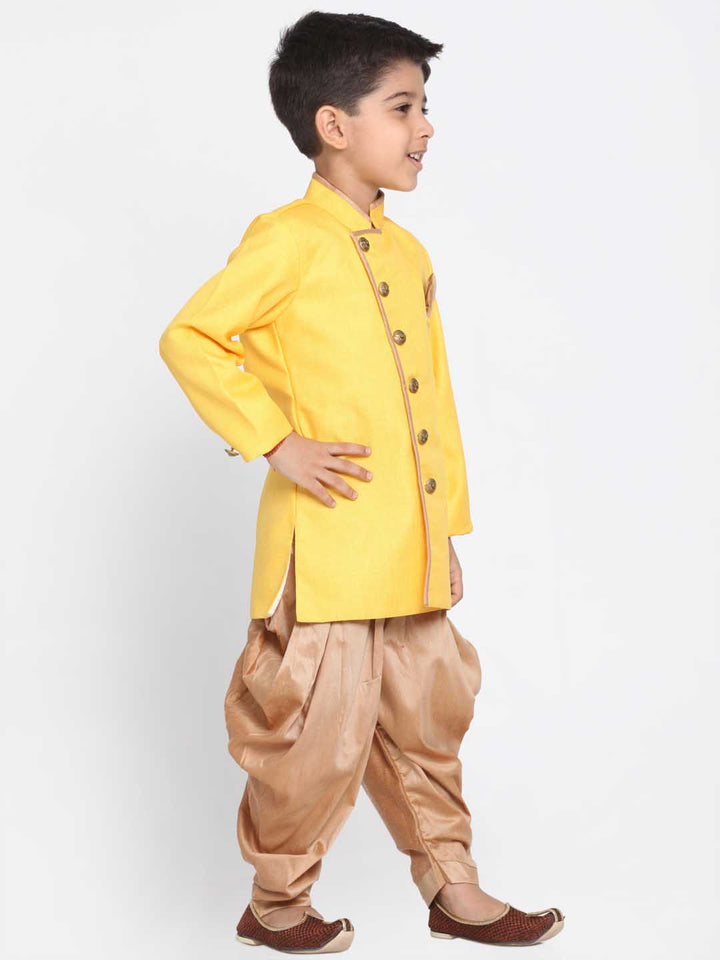 Vastramay Boy's Yellow Jute Silk Blend Sherwani Set