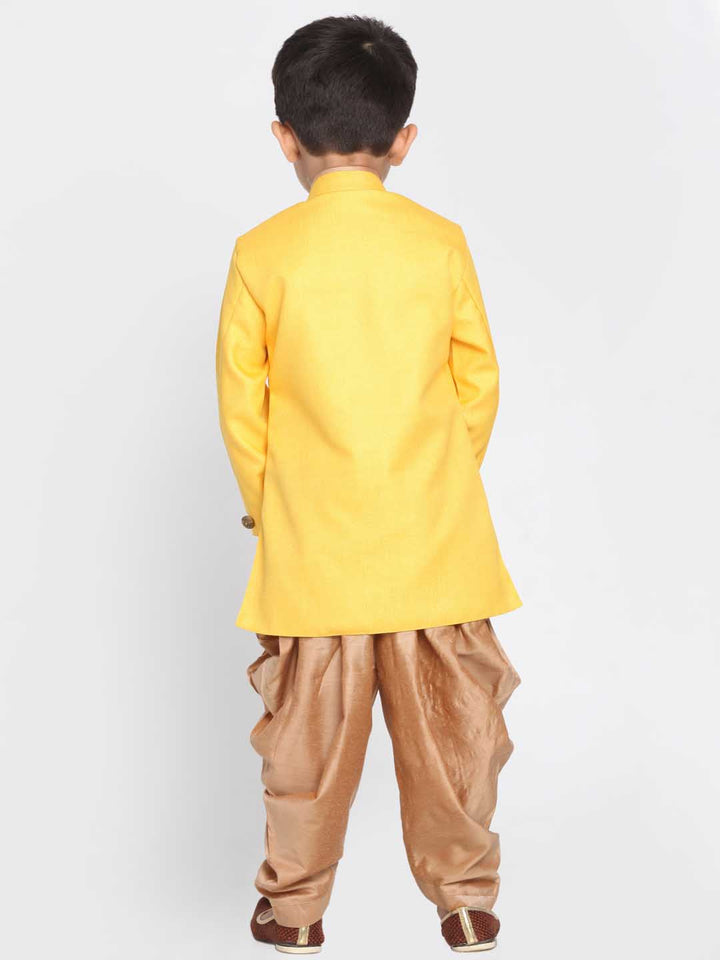 Vastramay Boy's Yellow Jute Silk Blend Sherwani Set