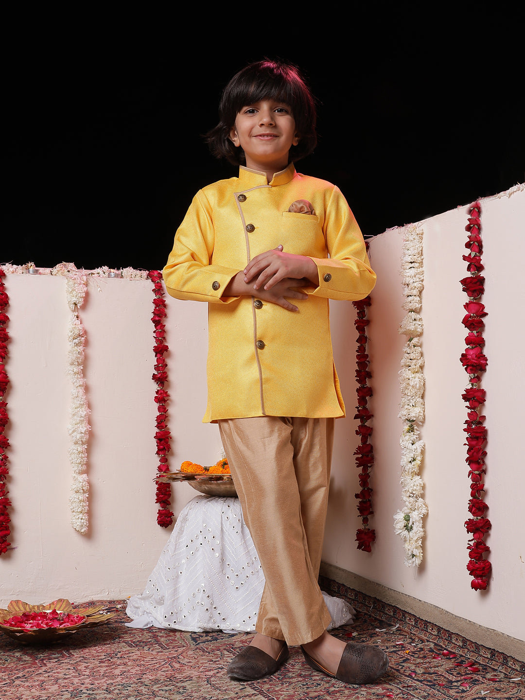 Vastramay Boys' Yellow Jute Silk Sherwani Set