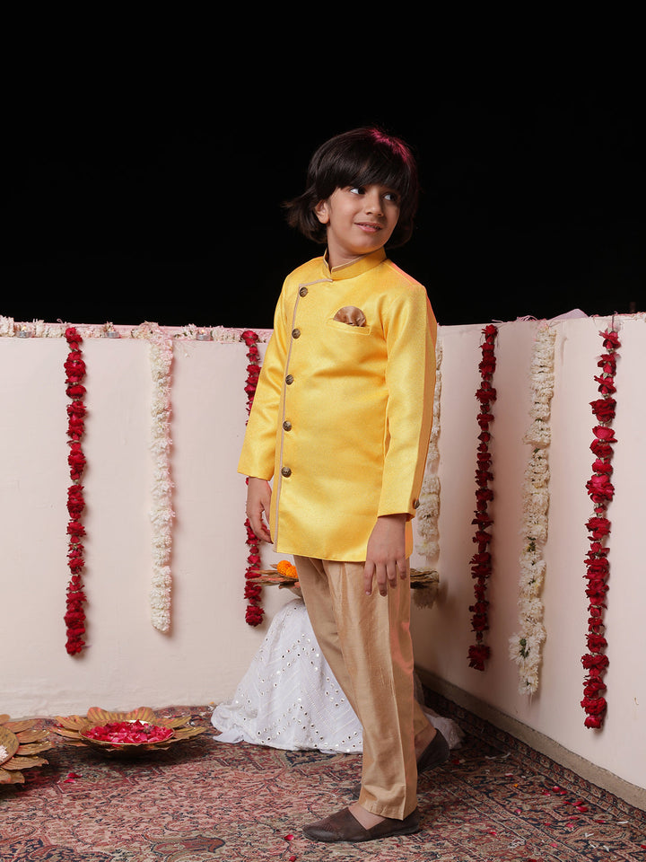 Vastramay Boys' Yellow Jute Silk Sherwani Set