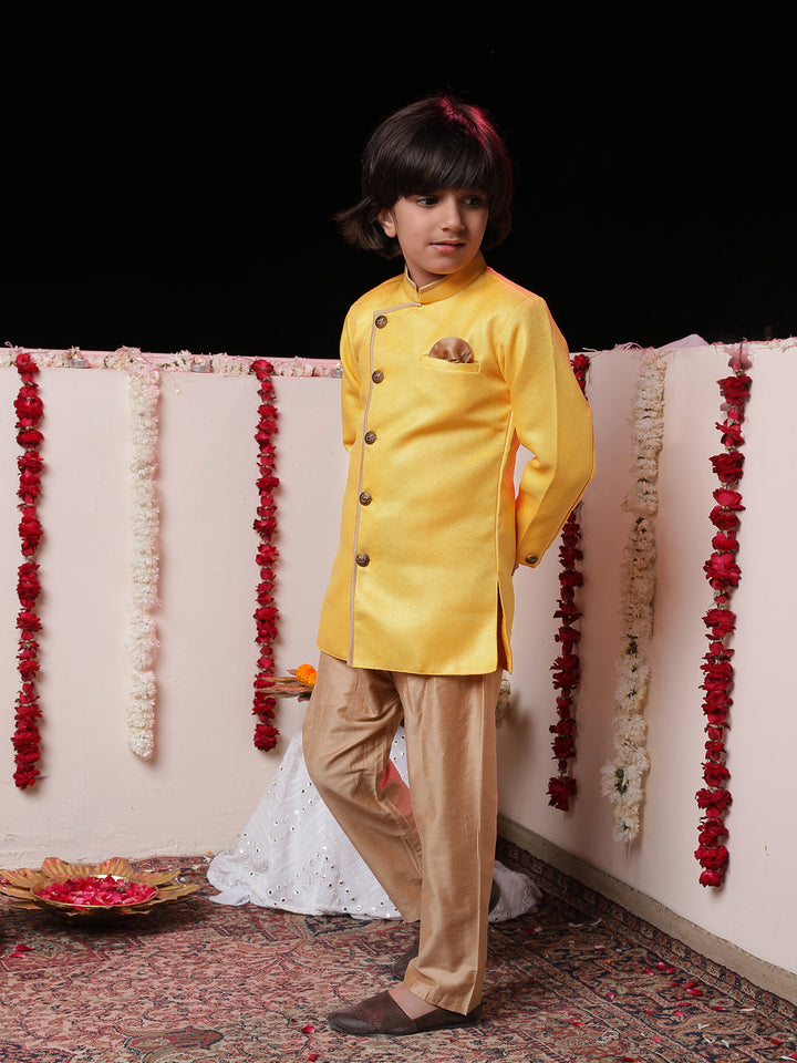 Vastramay Boys' Yellow Jute Silk Sherwani Set