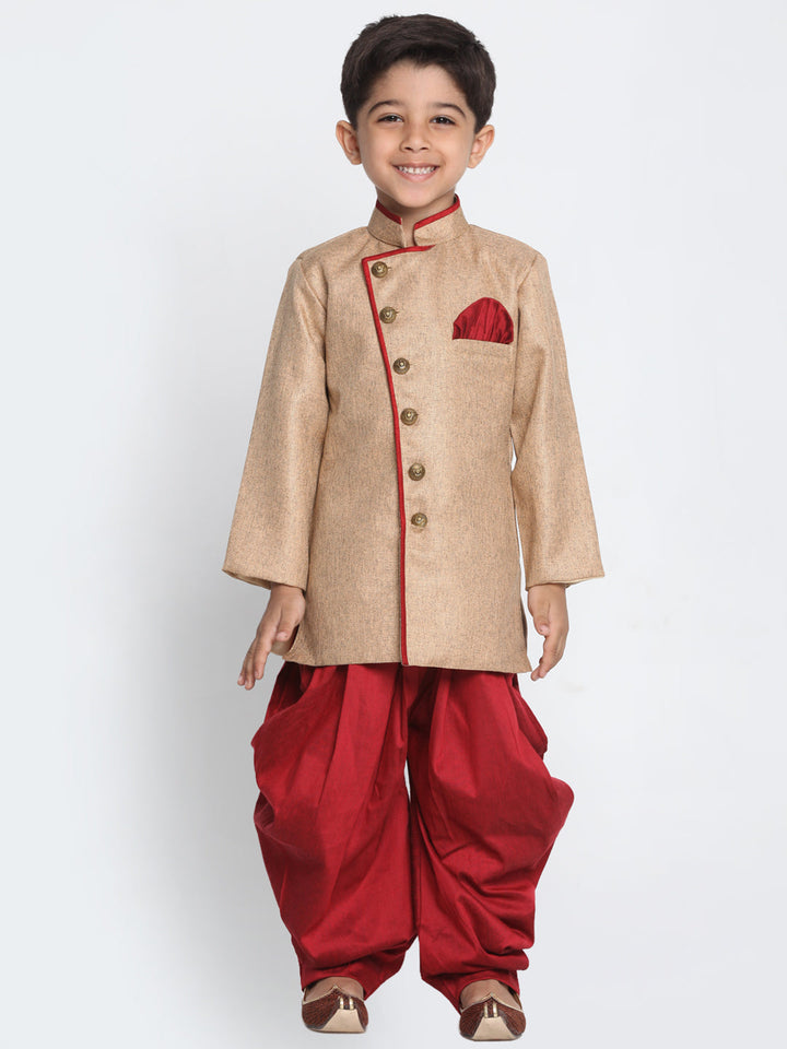 Vastramay Cotton Blend Brown and Maroon Baap Beta Sherwani